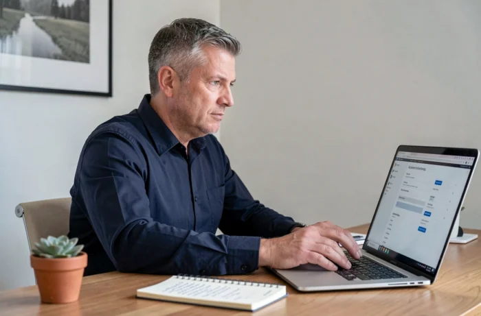 Homme consultant les paramètres de compte Amazon Prime sur ordinateur portable au bureau