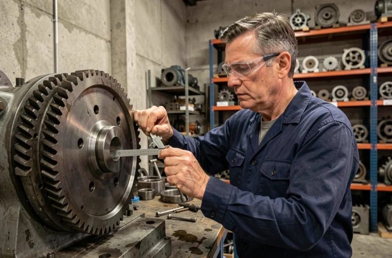 Ingénieur mécanicien examinant un engrenage rotatif en acier dans un atelier industriel, illustrant le mouvement circulaire mécanique