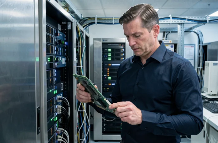 Ingénieur examinant un circuit imprimé dans une salle de serveurs high-tech