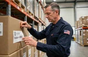 Inspecteur des douanes examinant une étiquette Made in EEC sur un colis dans un entrepôt logistique