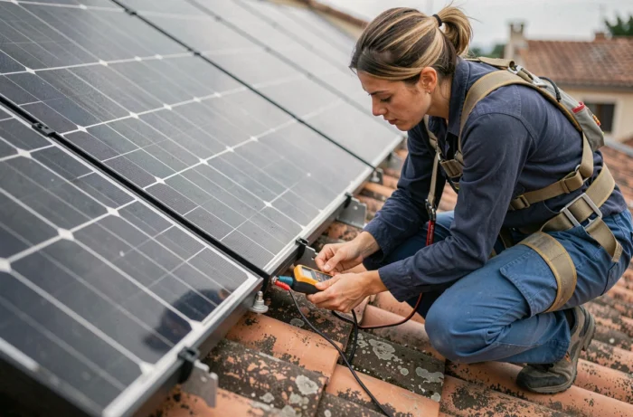 Technicienne installant des panneaux solaires sur un toit de maison dans le Var avec vue rapprochée sur les cellules photovoltaïques