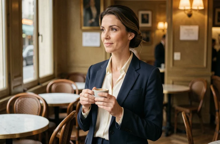 Femme élégante et discrète dans un café parisien, évoquant le profil de Jeanne Niobé Beausire épouse de Doc Gynéco