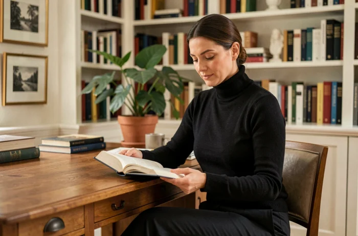 Femme cultivée et réservée dans un bureau à domicile parisien, portrait intimiste illustrant le profil discret de Jeanne Niobé Beausire