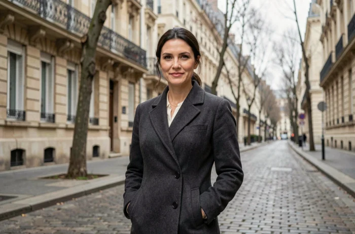Femme posée et élégante dans une rue parisienne haussmannienne, portrait illustrant la vie discrète de l'épouse de Doc Gynéco