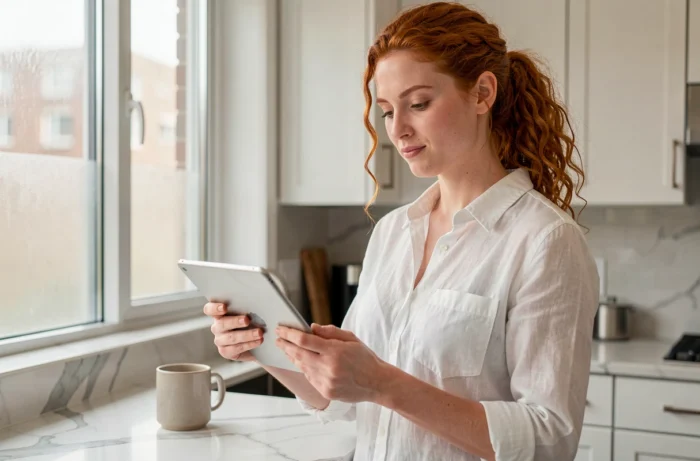 Jeune femme vérifiant son abonnement Amazon Prime sur une tablette dans la cuisine