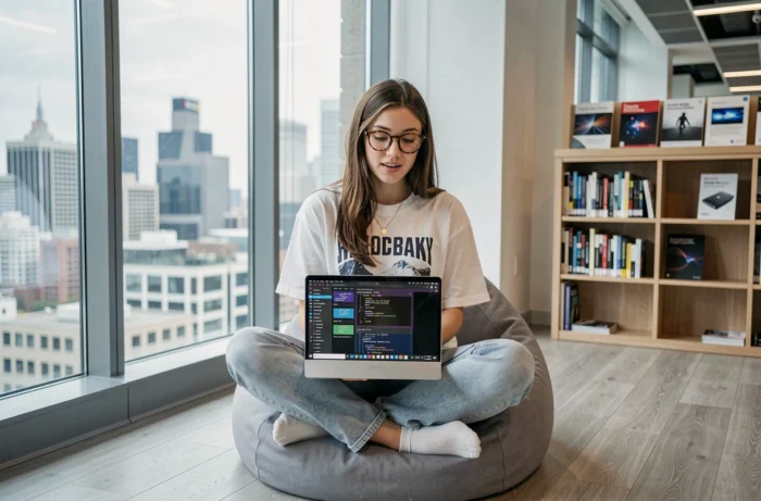 Jeune femme assise dans une bibliothèque moderne utilisant un laptop pour explorer des ressources tech et des tutoriels d'innovation en ligne