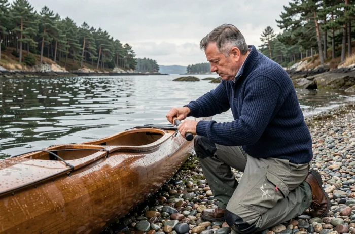 Homme préparant son kayak sur une plage de galets en Bretagne au bord d'un estuaire naturel