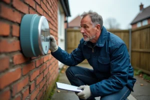 Technicien lisant un compteur de gaz en m3 sur une façade en briques pour convertir la consommation en kWh
