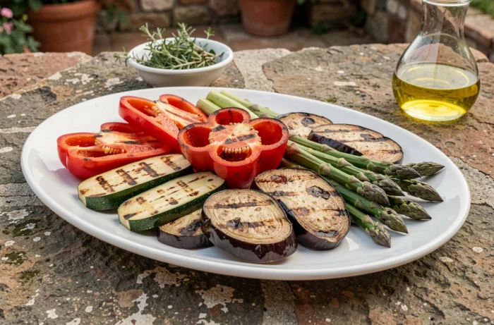 Plateau de légumes grillés de saison comprenant des courgettes, poivrons, aubergines et asperges avec des marques de grill caramélisées