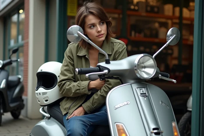 Jeune femme examinant le compteur kilométrique d'un scooter 125 devant un atelier de réparation moto