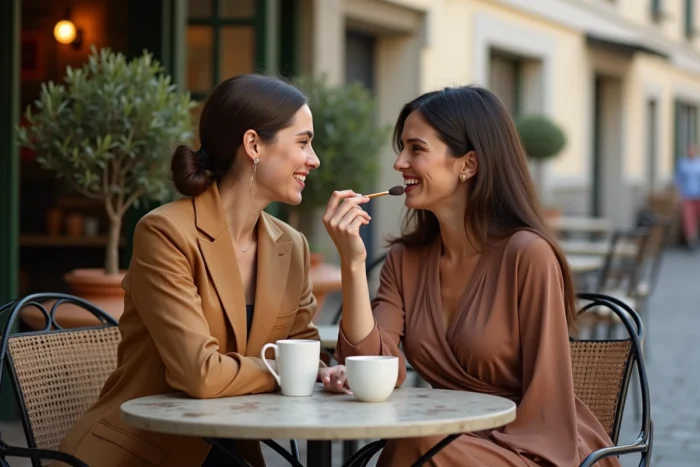 Deux femmes en robes marron élégantes dans un café parisien, l'une appliquant un rouge à lèvres nude sur l'autre en souriant