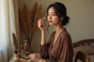 Femme en robe marron élégante appliquant un maquillage terracotta devant une coiffeuse vintage