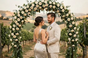 Couple de mariés sous un arche florale en roses ivoire et eucalyptus dans un vignoble pour un mariage en plein air 2024