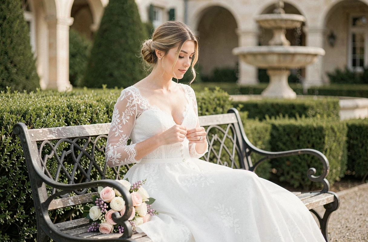 Mariée en robe de dentelle assise sur un banc en fer forgé dans un jardin à la française, bouquet de roses et de pois de senteur à ses côtés