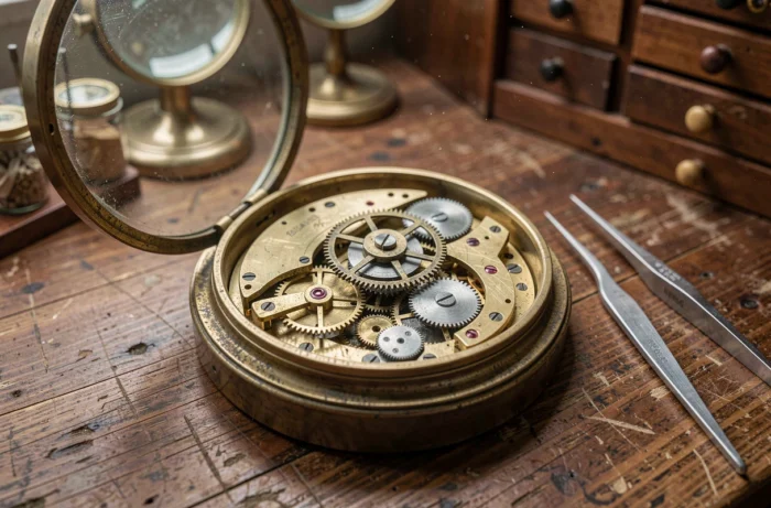 Mécanisme d'horloge analogique vintage exposé sur un bureau en chêne, montrant les engrenages rotatifs et le balancier en mouvement pour illustrer la rotation mécanique