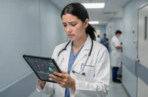 Médecin femme dans un couloir d'hôpital moderne analysant des données technologiques sur une tablette numérique, symbolisant l'intégration de nouvelles technologies dans le secteur de la santé