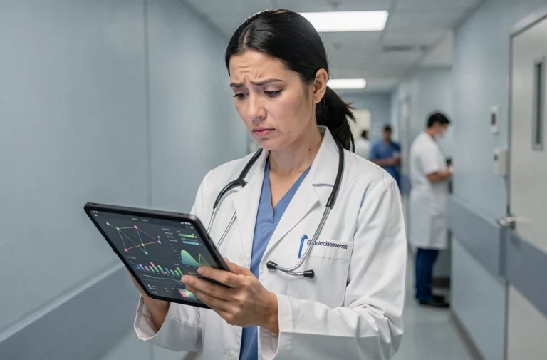 Médecin femme dans un couloir d'hôpital moderne analysant des données technologiques sur une tablette numérique, symbolisant l'intégration de nouvelles technologies dans le secteur de la santé