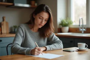 Mère écrivant un mot d'absence à la main pour l'école de son enfant à la table de cuisine