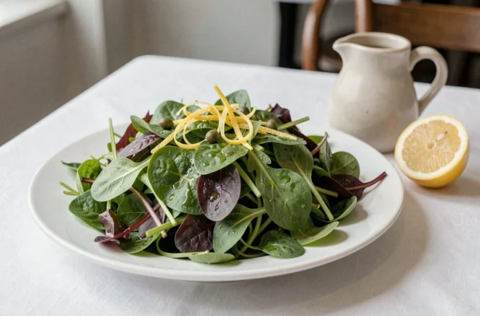 Assiette de mesclun frais aux jeunes pousses variées légèrement assaisonnées d'une vinaigrette au citron avec des zestes et des câpres