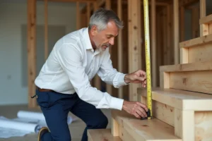 Architecte mesurant la hauteur des contremarches d'un escalier en bois moderne lors d'une rénovation intérieure