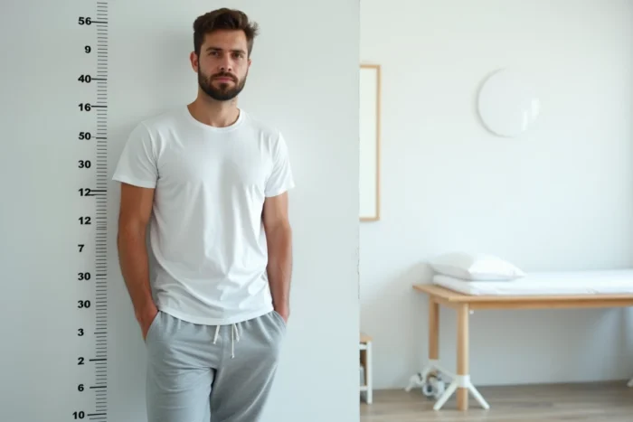 Homme mesuré contre un tableau de taille dans un cabinet médical, représentant la mesure et les normes de taille masculine