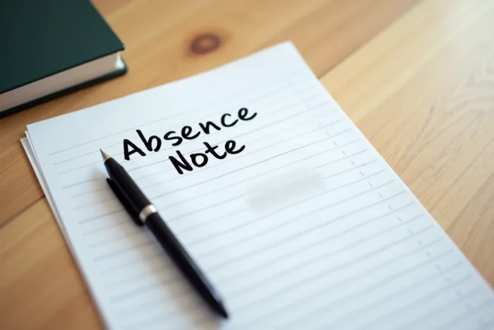 Gros plan d'un mot d'absence manuscrit posé sur une table en bois avec un stylo et un agenda scolaire