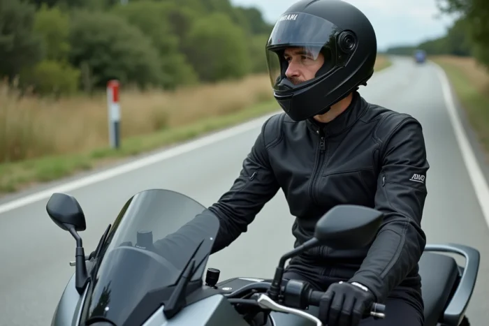 Motard équipé assis sur un Yamaha TMAX 750 lors d'une pause sur une aire d'autoroute française, vue latérale
