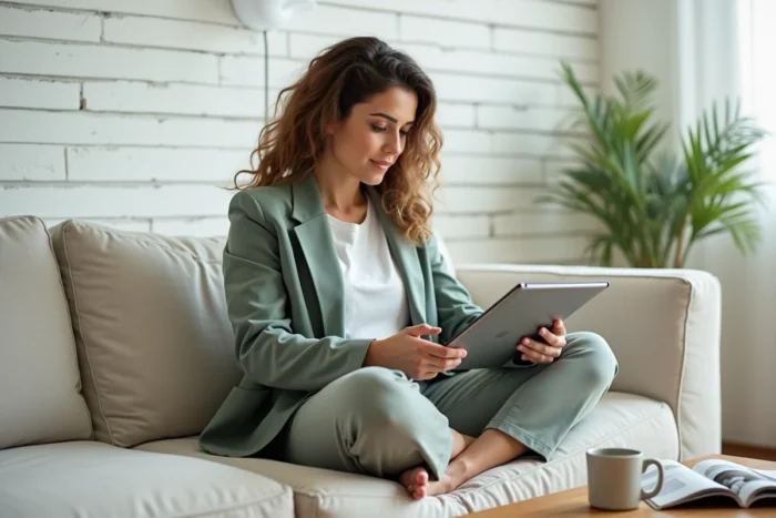 Femme parcourant le plan du site d'un blog beauté sur une tablette dans un salon scandinave lumineux