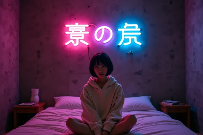 Néon manga rose et bleu électrique accroché sur un mur en béton dans une chambre japonaise minimaliste avec une jeune femme assise sur un futon