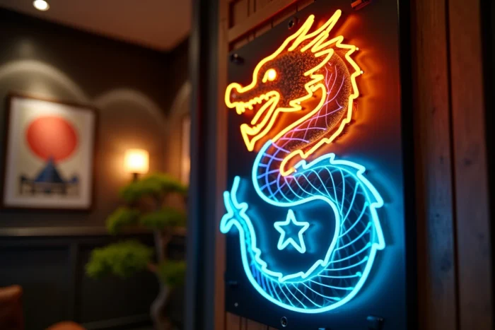 Gros plan d'un néon manga artisanal en forme de dragon sur panneau acrylique noir dans un salon au style japonais contemporain