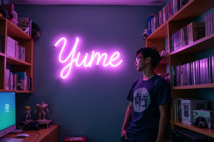 Salle de gaming et collection manga avec néon mural en japonais calligraphié lavande et vert menthe devant des étagères remplies de mangas et figurines