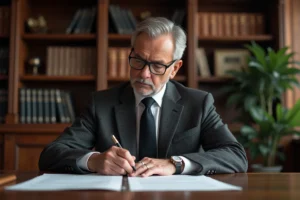 Notaire de banque en costume examinant des documents officiels dans son bureau juridique