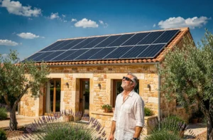 Maison provençale dans le Var équipée de panneaux solaires sur toit en tuiles avec propriétaire satisfait dans le jardin