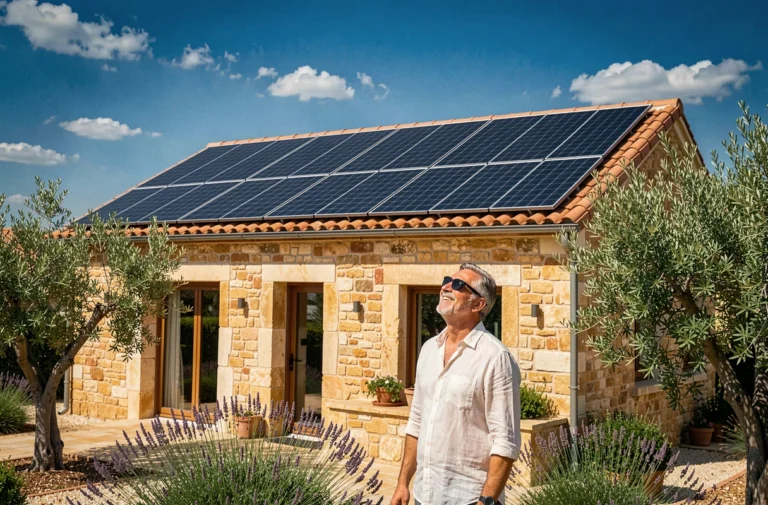 Maison provençale dans le Var équipée de panneaux solaires sur toit en tuiles avec propriétaire satisfait dans le jardin