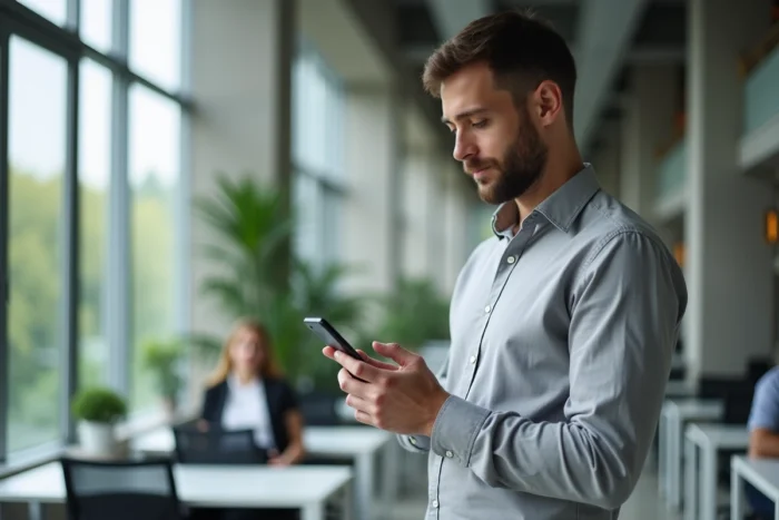 Administrateur universitaire paramétrant un compte Zimbra sur iPhone dans un bureau moderne