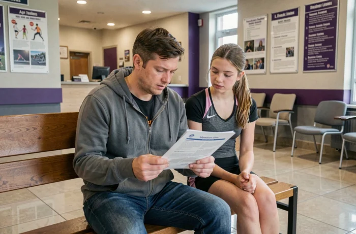 Un parent et sa fille adolescente lisent ensemble le règlement d'accès d'une salle Basic Fit dans le hall d'entrée