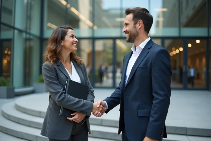 Deux professionnels se serrant la main devant un immeuble de bureaux moderne après la signature d'un partenariat de services