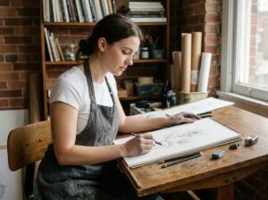 Jeune femme passionnée de dessin travaillant dans son atelier à domicile sur un croquis au crayon graphite, entourée de carnets et de matériel artistique