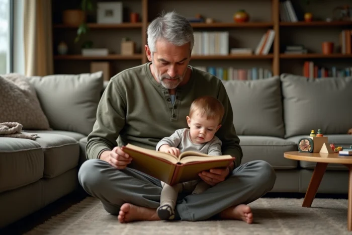 Père lisant un livre illustré à son jeune enfant assis sur ses genoux dans un salon familial confortable et chaleureux