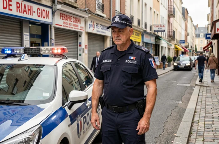 Policier français en uniforme debout près d'un véhicule de patrouille dans une rue d'un quartier populaire urbain