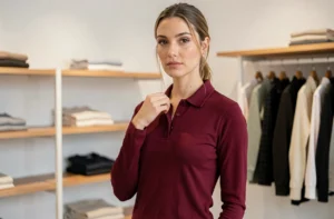 Femme portant un polo manches longues bordeaux ajusté dans une boutique moderne, style élégant et décontracté