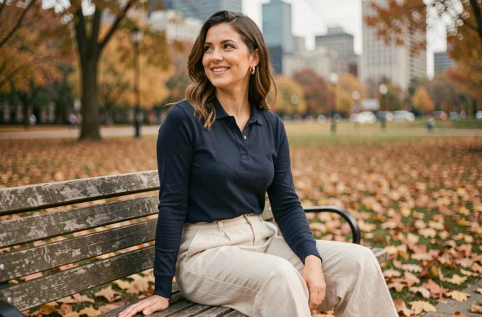 Femme en polo manches longues bleu marine et pantalon large crème assise dans un parc en automne, look tendance et casual