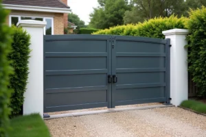 Portail extérieur moderne en aluminium gris anthracite devant une maison avec haie et allée en gravier