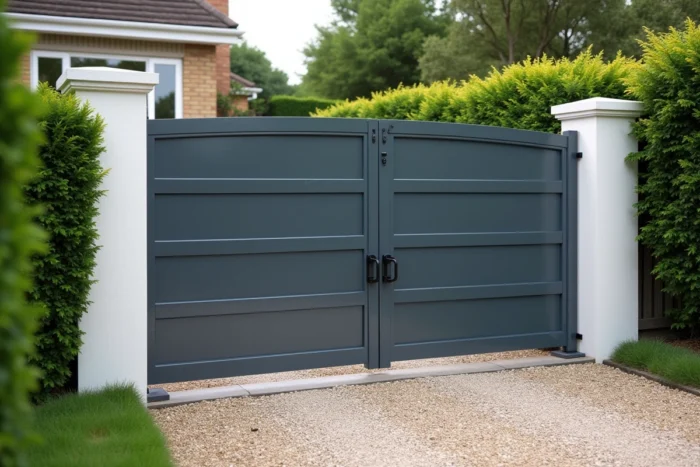 Portail extérieur moderne en aluminium gris anthracite devant une maison avec haie et allée en gravier