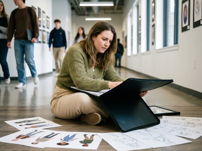 Jeune femme passionnée de dessin consultant son portfolio d'illustrations dans un couloir d'école d'art, envisageant une formation artistique professionnelle