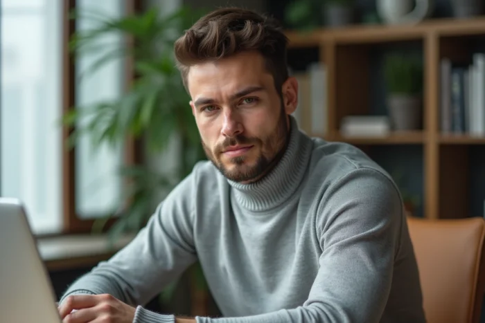 Portrait intimiste d'un homme réservé assis à son bureau dans un appartement moderne et minimaliste