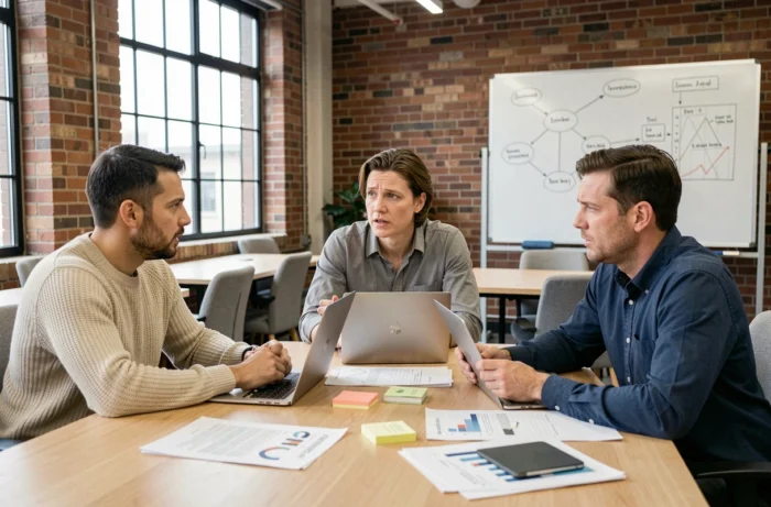 Groupe de professionnels mixtes réunis autour d'une table de conférence dans un espace de coworking moderne, discutant des opportunités et des risques liés à une révolution technologique dans la santé et la finance