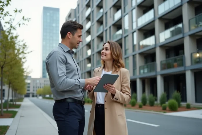 Professionnels de l'immobilier discutant d'un projet résidentiel devant un immeuble moderne en milieu urbain grâce aux solutions Veritaxis