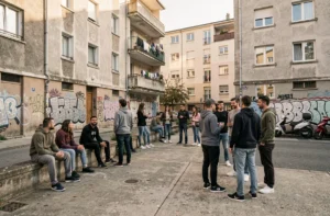 Jeunes adultes rassemblés sur une place urbaine dans un quartier sensible de banlieue française avec des immeubles HLM en arrière-plan