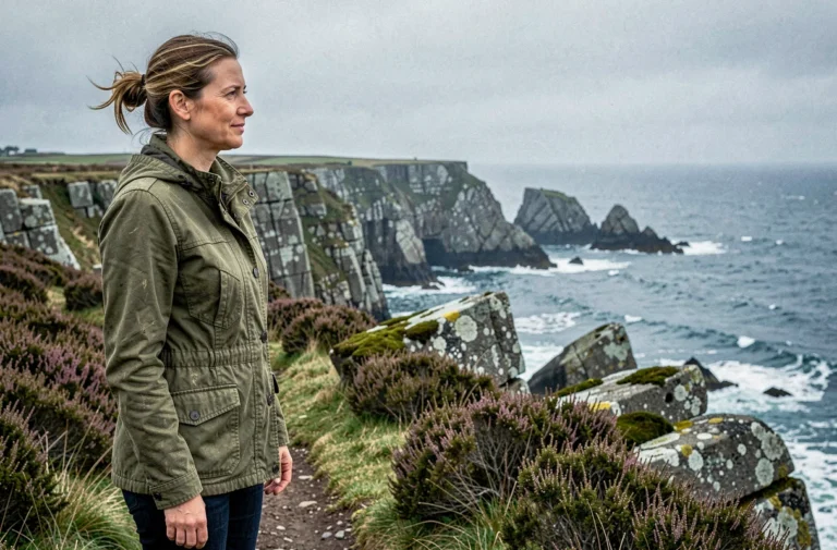Femme en veste de randonnée sur un sentier côtier breton avec falaises de granit et océan Atlantique en arrière-plan